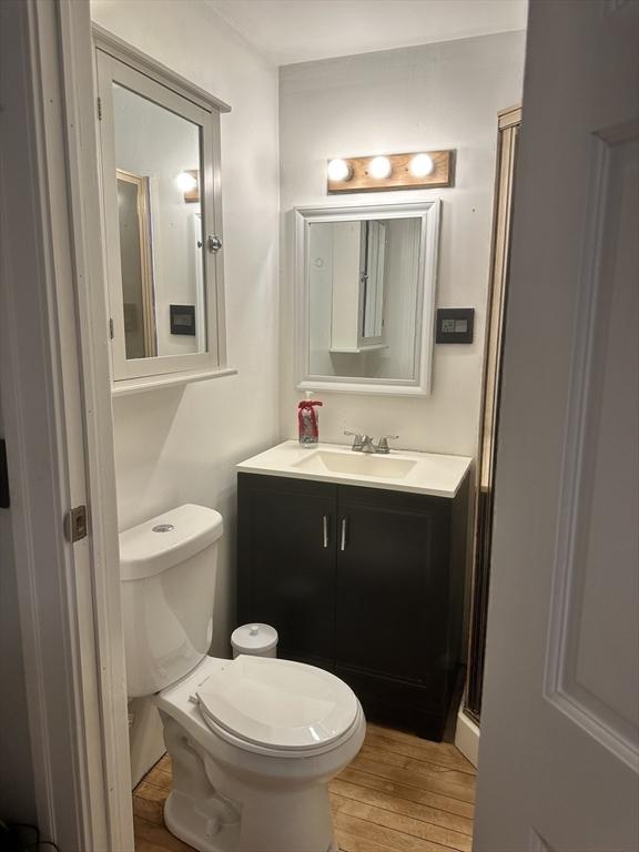 bathroom with hardwood / wood-style floors, vanity, and toilet