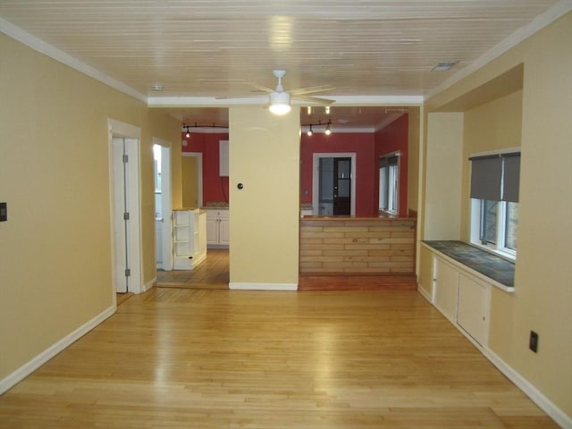 unfurnished living room with ceiling fan, light hardwood / wood-style floors, and crown molding