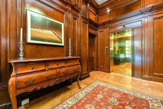 interior space featuring wood walls