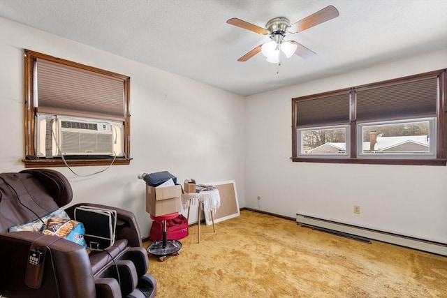 miscellaneous room with cooling unit, a baseboard radiator, light colored carpet, and ceiling fan