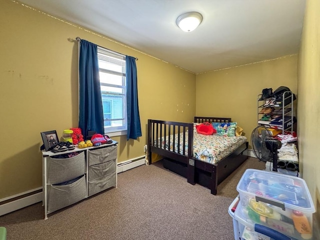 carpeted bedroom featuring a baseboard radiator