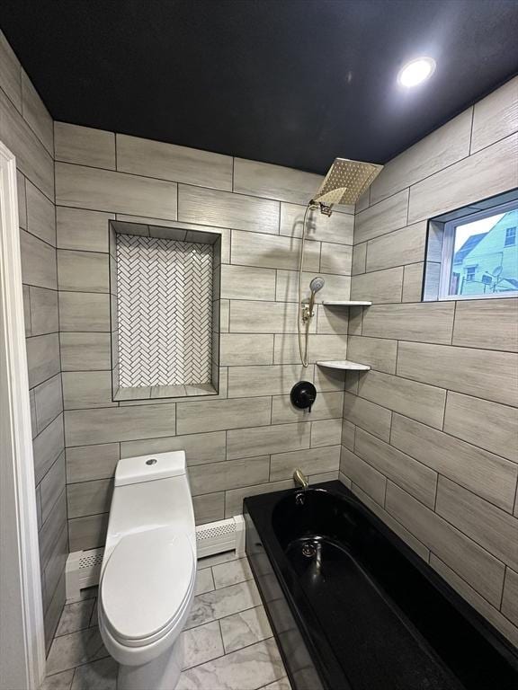 45 Carter Ave, Blackstone, MA 01504 - full bath with marble finish floors, a baseboard heating unit, tiled shower / bath combo, toilet, and recessed lighting