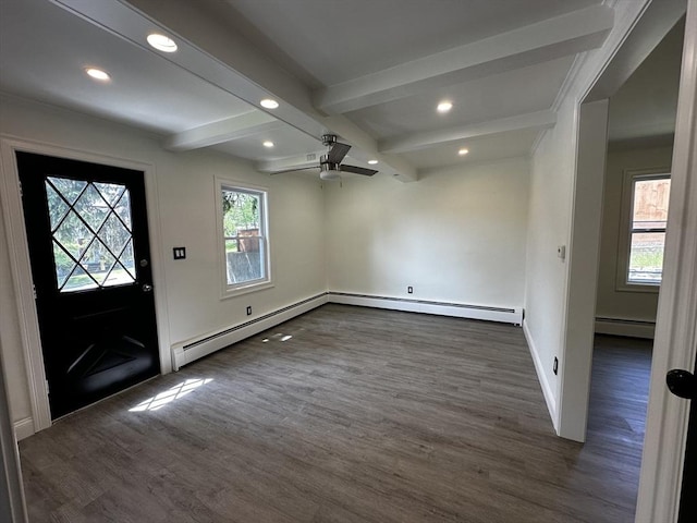 45 Carter Ave, Blackstone, MA 01504 - entrance foyer featuring dark wood-style floors, recessed lighting, a baseboard radiator, beam ceiling, and ceiling fan