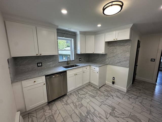 45 Carter Ave, Blackstone, MA 01504 - kitchen with dishwasher, a sink, white cabinetry, decorative backsplash, and recessed lighting