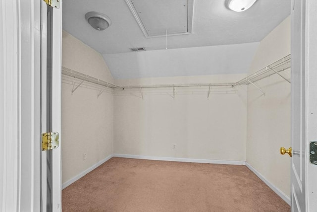 spacious closet featuring carpet, vaulted ceiling, and attic access