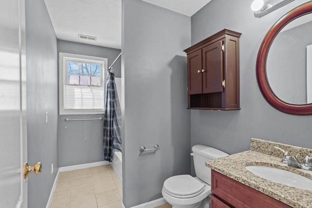 full bathroom with toilet, vanity, baseboards, shower / bath combination with curtain, and tile patterned flooring