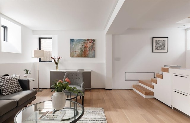 living room featuring a healthy amount of sunlight and light hardwood / wood-style flooring