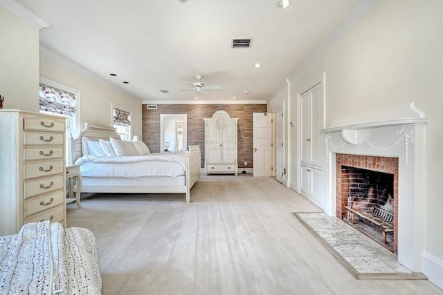 10 Sheffield Rd, Winchester, MA 01890 - bedroom with a fireplace, crown molding, recessed lighting, and a ceiling fan