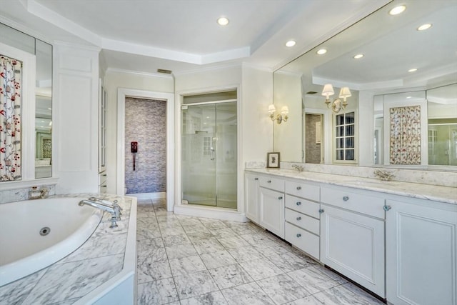 10 Sheffield Rd, Winchester, MA 01890 - full bath with a stall shower, double vanity, a whirlpool tub, a raised ceiling, and a chandelier