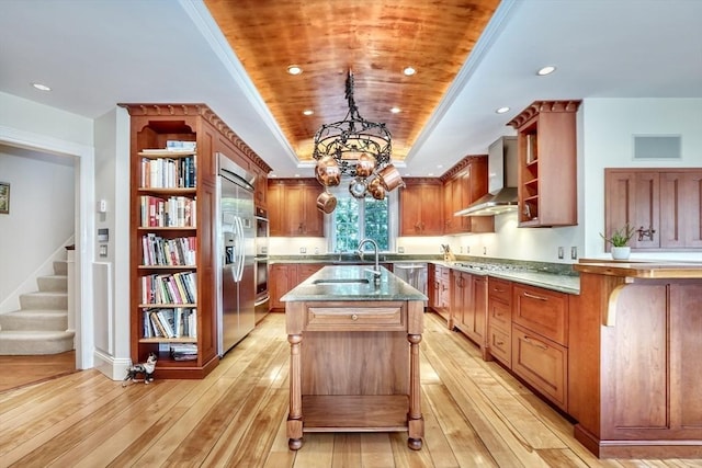 10 Sheffield Rd, Winchester, MA 01890 - kitchen with open shelves, wall chimney exhaust hood, a sink, light wood finished floors, and recessed lighting