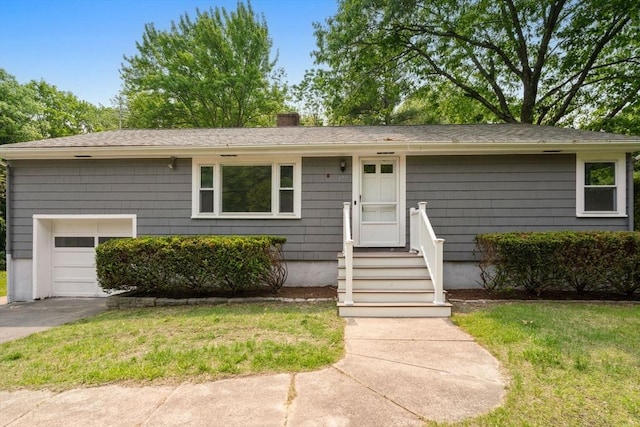 379 Dedham Ave, Needham, MA 02492 - single story home with a chimney, a garage, entry steps, a front lawn, and asphalt driveway
