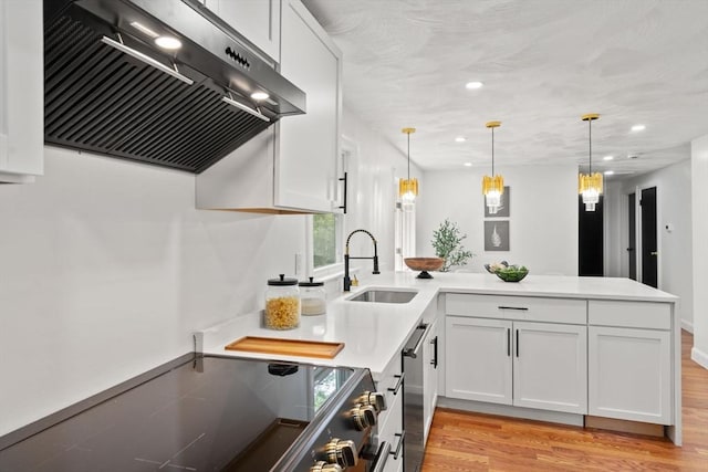 379 Dedham Ave, Needham, MA 02492 - kitchen with under cabinet range hood, a sink, a peninsula, range, and light wood-type flooring