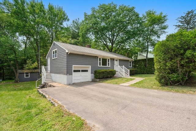 379 Dedham Ave, Needham, MA 02492 - view of front of house featuring a chimney, asphalt driveway, a front lawn, a garage, and stairs