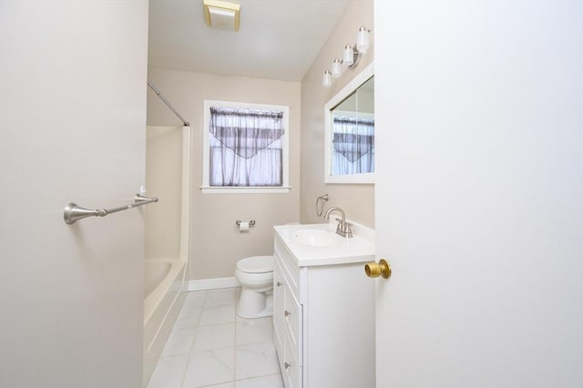 full bath with marble finish floor, toilet, vanity, shower / tub combination, and baseboards