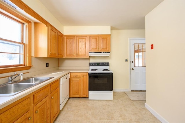 kitchen with white appliances, a healthy amount of sunlight, a sink, and under cabinet range hood