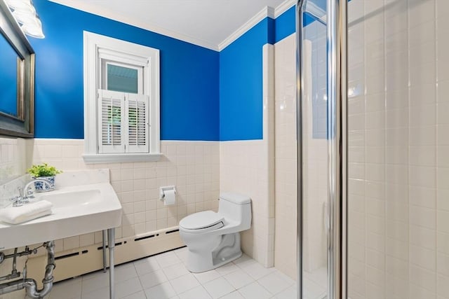 28 Pleasant View Rd, Arlington, MA 02476 - full bath featuring tile patterned floors, ornamental molding, a stall shower, a wainscoted wall, and tile walls
