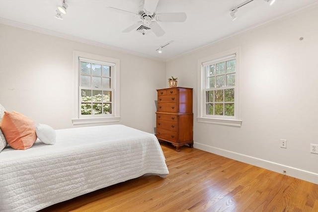 28 Pleasant View Rd, Arlington, MA 02476 - bedroom with track lighting, ornamental molding, light wood-type flooring, and ceiling fan
