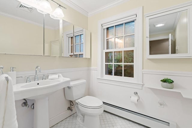 28 Pleasant View Rd, Arlington, MA 02476 - bathroom with a baseboard heating unit, ornamental molding, tile patterned floors, and wainscoting