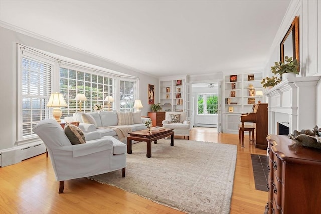 28 Pleasant View Rd, Arlington, MA 02476 - living area with a baseboard radiator, a baseboard heating unit, a fireplace, light wood-type flooring, and crown molding