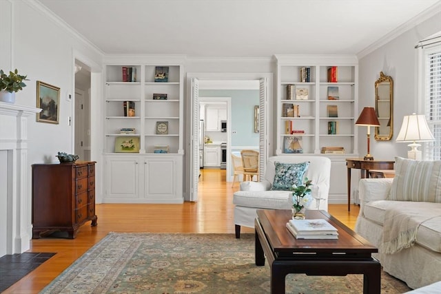 28 Pleasant View Rd, Arlington, MA 02476 - living area featuring light wood finished floors, crown molding, and built in features