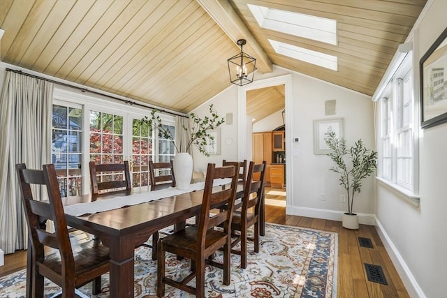 dining room featuring hardwood / wood-style flooring, wood ceiling, a healthy amount of sunlight, and vaulted ceiling with skylight