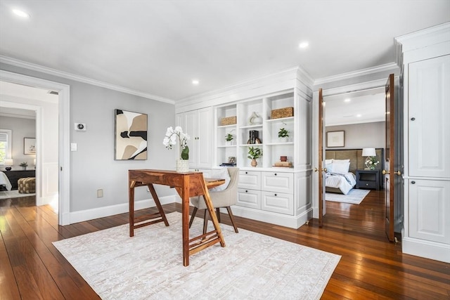 home office featuring ornamental molding and dark wood-type flooring