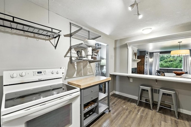 149 N Main St, South Hadley, MA 01075 - kitchen featuring white electric stove, open shelves, wood counters, dark wood-style flooring, and a textured ceiling