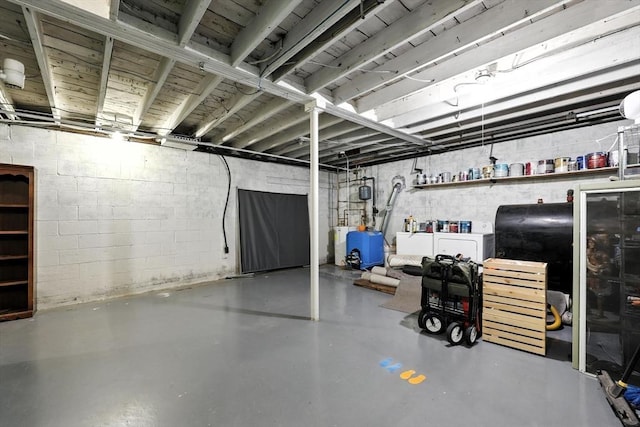 149 N Main St, South Hadley, MA 01075 - unfinished basement with washer and dryer, concrete block wall, a heating unit, and heating fuel