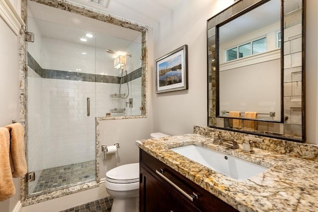 full bath featuring visible vents, a shower stall, toilet, and vanity