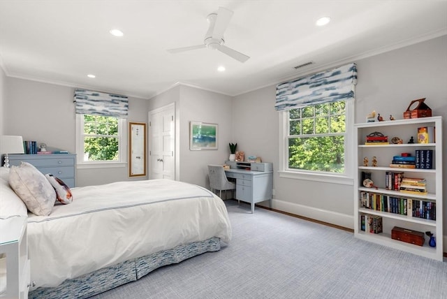 bedroom featuring baseboards, visible vents, ceiling fan, ornamental molding, and recessed lighting