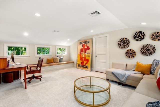 living room featuring vaulted ceiling, light carpet, visible vents, and recessed lighting