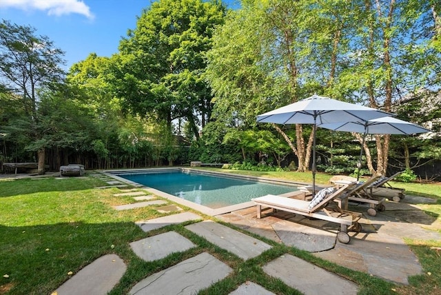 view of pool featuring a fenced in pool, a lawn, and a patio