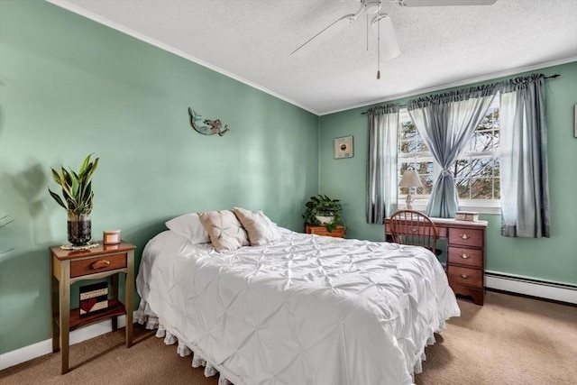 bedroom with ornamental molding, light colored carpet, ceiling fan, and baseboard heating