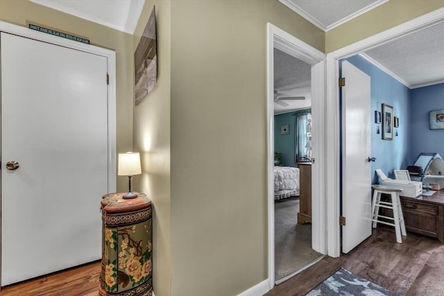 hall with crown molding, dark hardwood / wood-style floors, and a textured ceiling