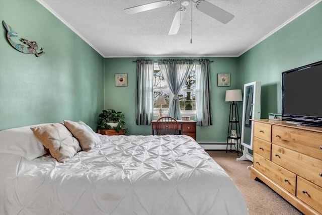 bedroom featuring ceiling fan, baseboard heating, crown molding, light carpet, and a textured ceiling