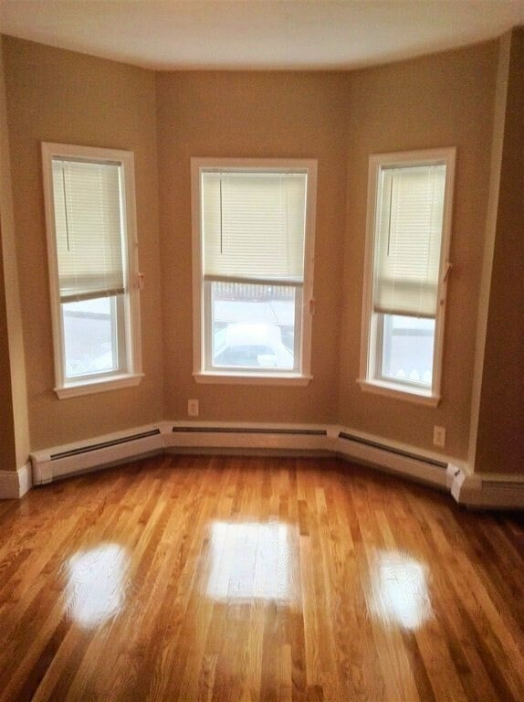 spare room with a baseboard radiator and light wood-type flooring