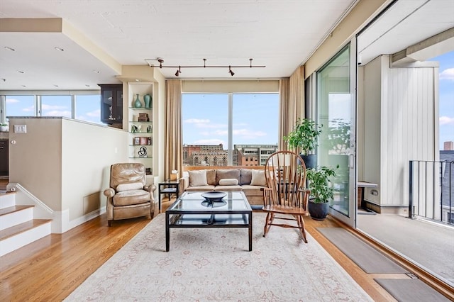 living area featuring baseboards, a healthy amount of sunlight, and light wood finished floors