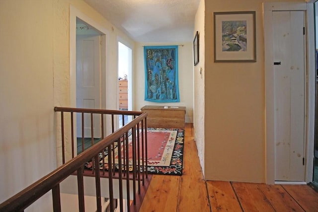hall with a textured ceiling and wood-type flooring
