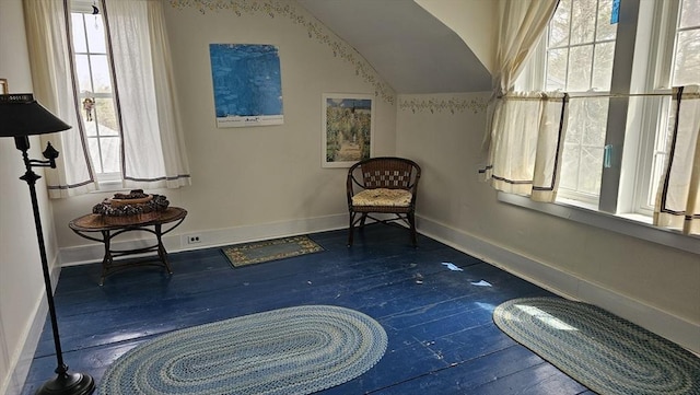 sitting room featuring wood-type flooring, a wealth of natural light, and baseboards