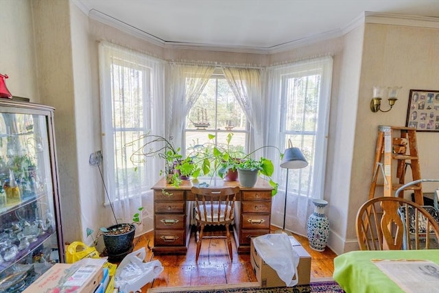interior space featuring crown molding, baseboards, and wood finished floors