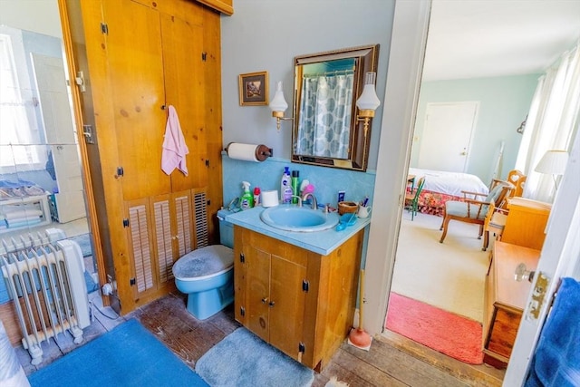bathroom with vanity, radiator, and wood finished floors
