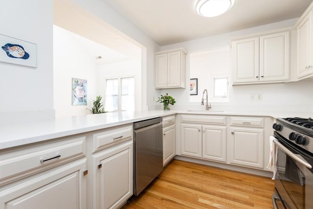 kitchen with light wood-style flooring, plenty of natural light, stainless steel appliances, and a sink