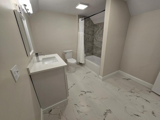 bathroom with toilet, marble finish floor, vanity, shower / bath combination with curtain, and baseboards