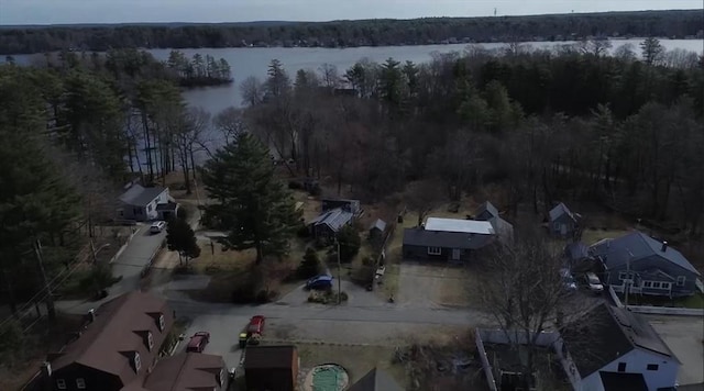 aerial view with a water view and a view of trees