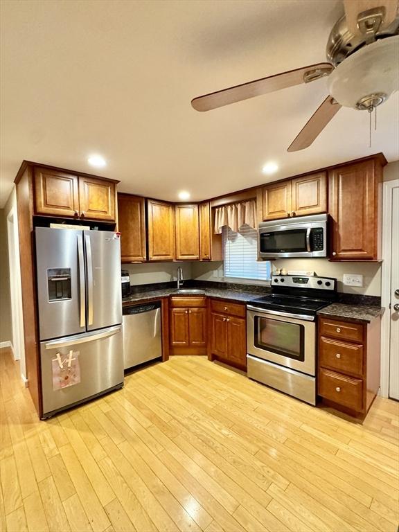 kitchen featuring stainless steel appliances, light hardwood / wood-style flooring, ceiling fan, and sink