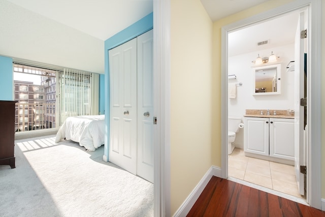 bedroom with ensuite bath, light hardwood / wood-style flooring, a closet, and sink