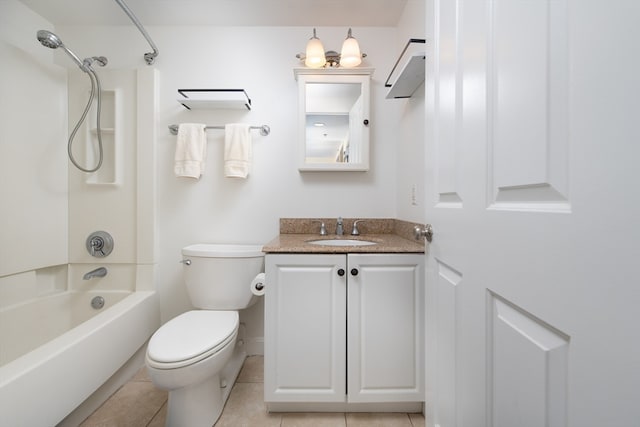 full bathroom with tile patterned floors, vanity, toilet, and washtub / shower combination