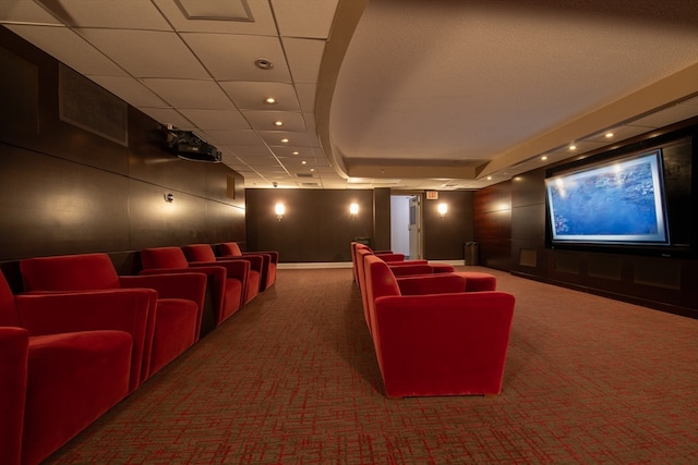 cinema room with carpet flooring and a tray ceiling