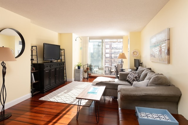 living room with dark wood-type flooring and a textured ceiling