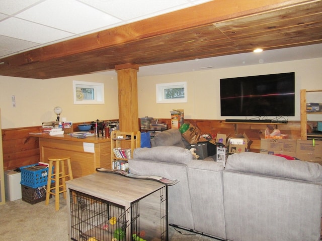 living room featuring wooden walls and carpet floors